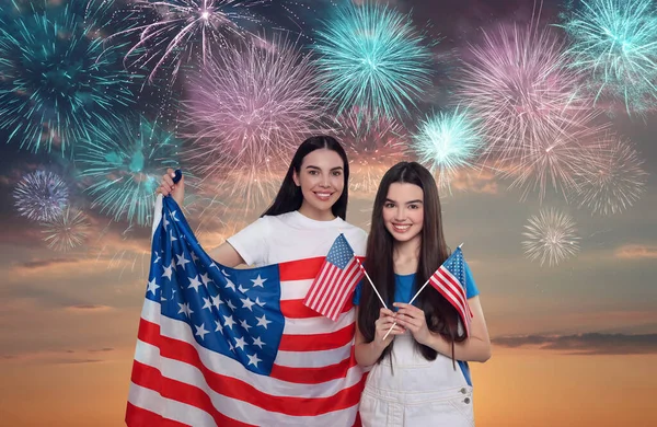 4Th July Independence Day America Happy Mother Daughter Holding National — Stock Photo, Image