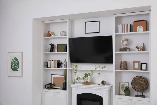 Stylish Shelves Different Decor Elements Fireplace Set Living Room Interior — Stock Photo, Image