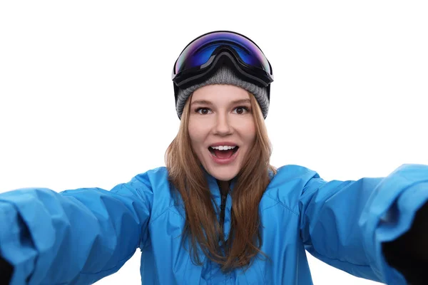 感情的な女性でスキーゴーグル取りますセルフ上のホワイト背景 — ストック写真