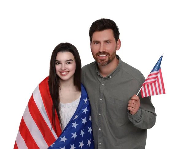 Julio Día Independencia América Feliz Padre Hija Con Banderas Nacionales — Foto de Stock