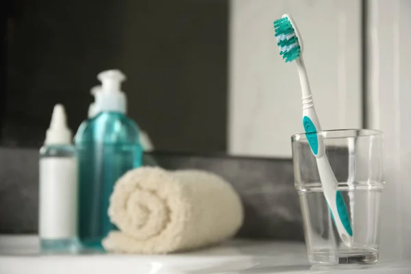 Light Blue Toothbrush Glass Holder Table Space Text — Stock Photo, Image
