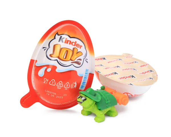 stock image Slynchev Bryag, Bulgaria - May 24, 2023: Kinder Joy Egg and toy turtle isolated on white