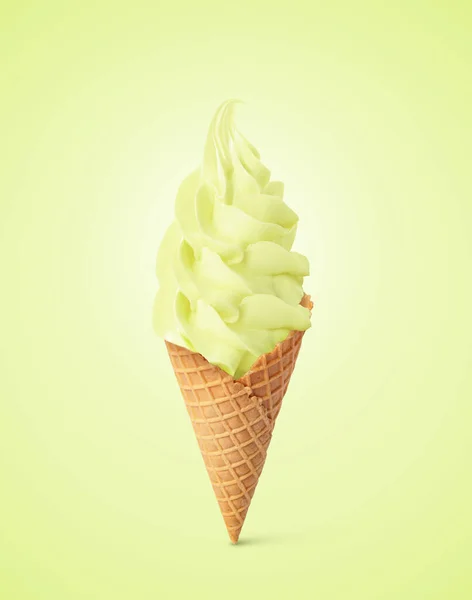 Sorvete Saboroso Cone Waffle Fundo Amarelo Verde Pastel Servir Suave — Fotografia de Stock