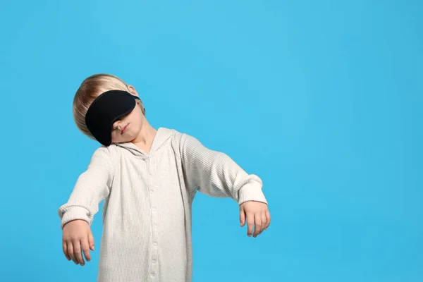 Boy Pajamas Sleep Mask Sleepwalking Light Blue Background Space Text — Fotografia de Stock