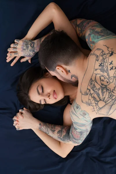 Passionate Couple Having Sex Bed Top View — Stock Photo, Image