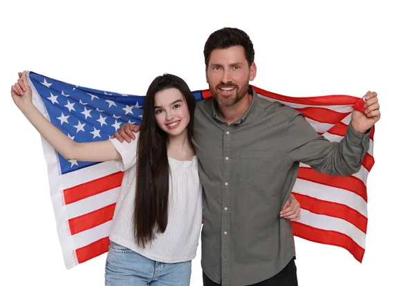 Julio Día Independencia América Feliz Padre Hija Con Bandera Nacional — Foto de Stock
