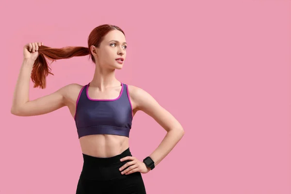Young Woman Sportswear Pink Background Space Text — Stock Photo, Image