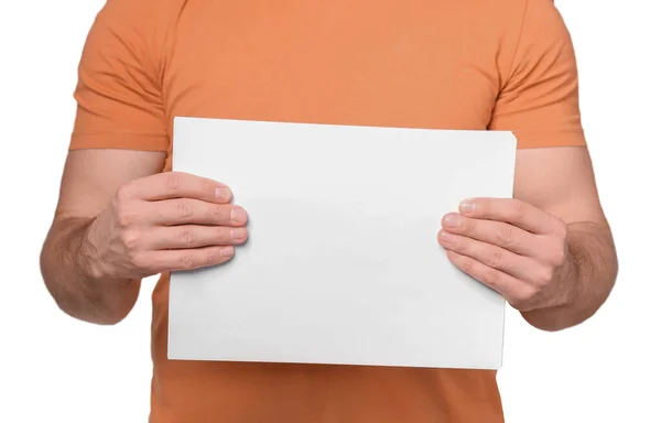Man Holding Sheet Paper Light Grey Background Closeup Mockup Design — Stock Photo, Image