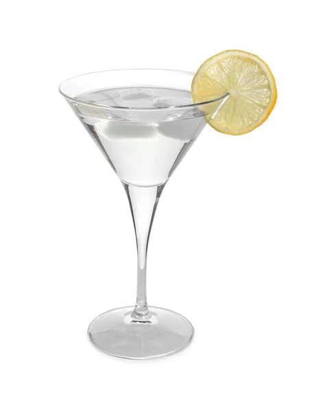 Martini Pohár Frissítő Koktél Citrommal Jégkockákkal Fehér Alapon Izolálva — Stock Fotó