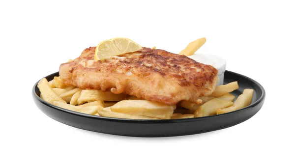 Tasty Fish Soda Water Batter Potato Chips Sauce Lemon Slice — Stock Photo, Image