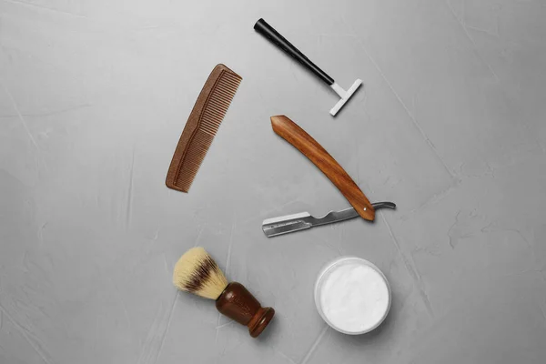 Set Men Shaving Tools Light Gray Table Flat Lay — Stock Photo, Image