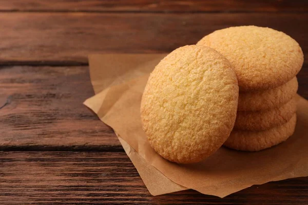 Deliciosos Biscoitos Manteiga Dinamarqueses Mesa Madeira Close Espaço Para Texto — Fotografia de Stock