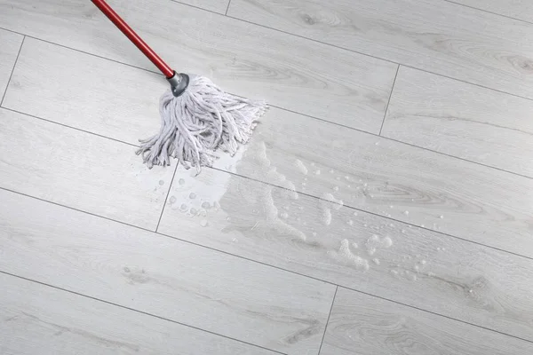 Cleaning Wooden Floor Mop View Space Text — Stock Photo, Image