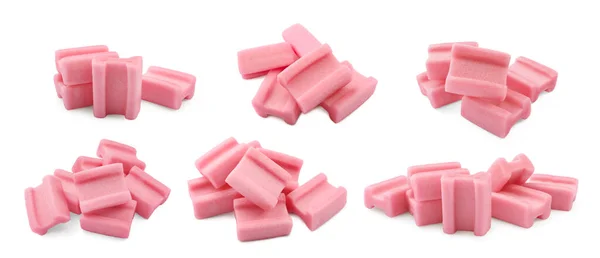 Uppsättning Läckra Rosa Tuggummi Vit Bakgrund — Stockfoto