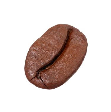 Bir adet kavrulmuş kahve çekirdeği beyaz üzerine izole edilmiş.