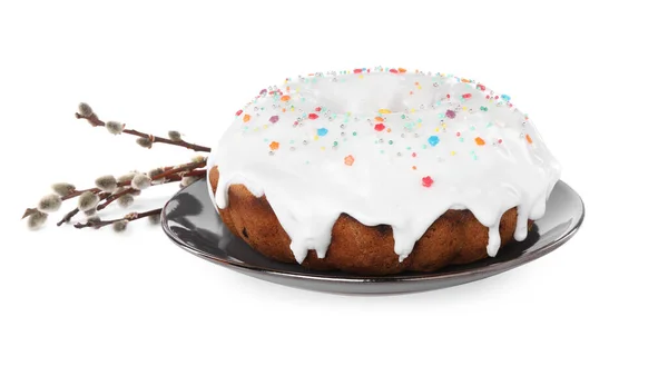 Gâteau Pâques Avec Saupoudres Branches Saule Isolées Sur Blanc — Photo