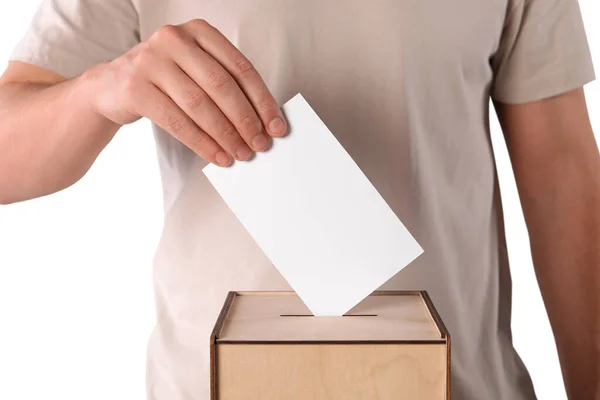 Man Putting His Vote Ballot Box White Background Closeup — Stock Photo, Image