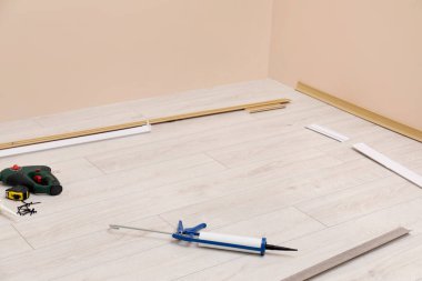 Plinths, caulking gun, screwdriver, measuring tape and screws on laminated floor in room clipart