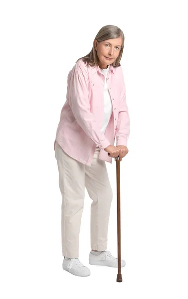 Старшая Женщина Тростью Белом Фоне — стоковое фото