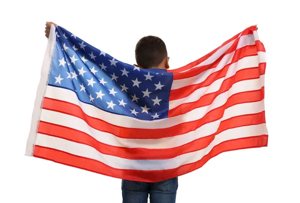 Juli Onafhankelijkheidsdag Van Jongen Met Amerikaanse Vlag Witte Achtergrond Achteraanzicht — Stockfoto