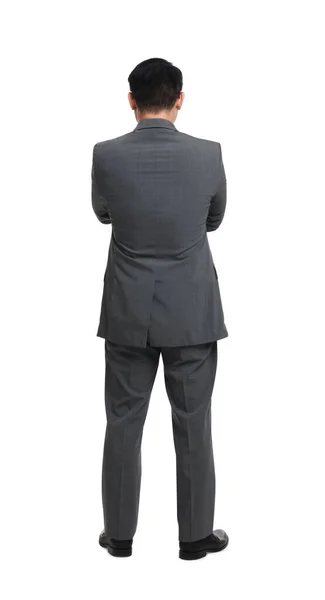Podnikatel Obleku Pózuje Bílém Pozadí Pohled Zezadu — Stock fotografie