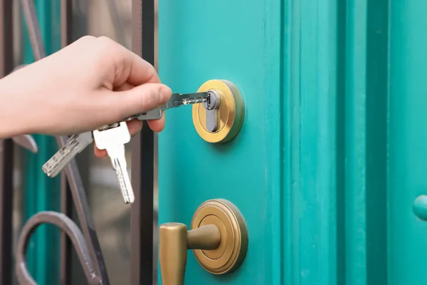 Woman Opening Door Key Outdoors Closeup — Stock Photo, Image