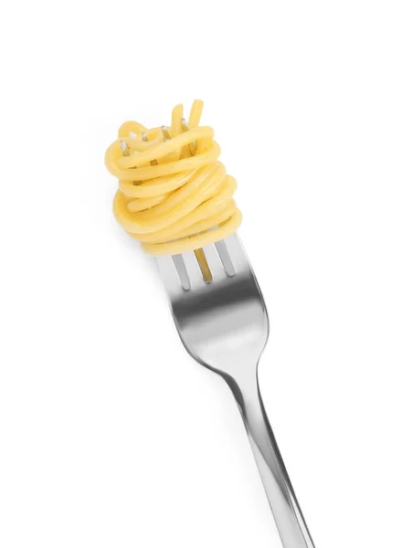 Gaffel Med Välsmakande Pasta Isolerad Vit Ovanifrån — Stockfoto