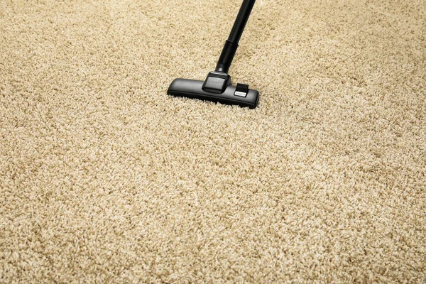 Hoovering Beige Carpet Modern Vacuum Cleaner Space Text — Stock Photo, Image