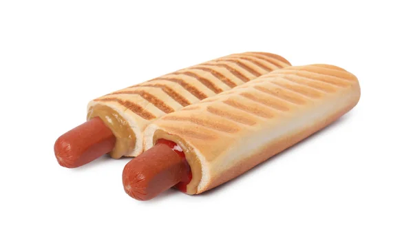 Sabrosos Hot Dogs Franceses Con Mostaza Ketchup Aislados Blanco — Foto de Stock