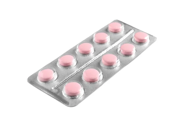 Blister Van Roze Pillen Witte Achtergrond — Stockfoto