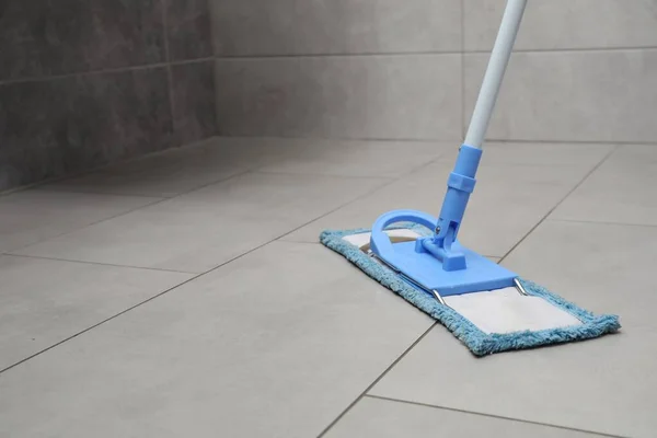 Cleaning Grey Tiled Floor Mop Space Text — Stock Photo, Image