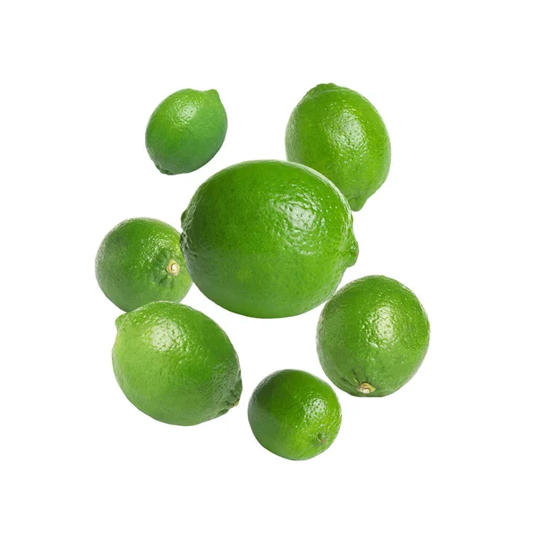 Frutti Freschi Lime Che Cadono Sfondo Bianco — Foto Stock