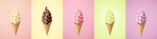 Set Different Delicious Soft Serve Ice Creams Crispy Cones Pastel — Stock Photo, Image