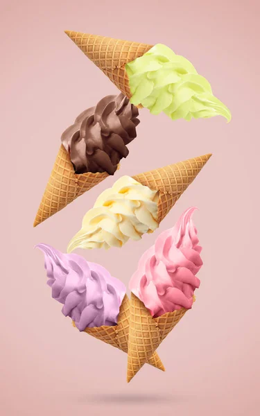おいしいアイスクリームでクリスピーコーン落下パステルピンクの背景 — ストック写真