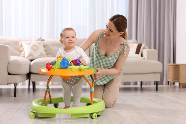 Cute Boy Making First Steps Baby Walker Happy Mother Her — Stock Photo, Image