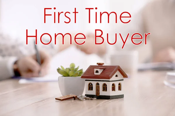 First time home buyer. House model, plant and keys on wooden table, selective focus. Couple signing contract with real estate broker in office, closeup