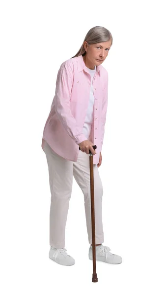 Senior Woman Walking Cane White Background — Stock Photo, Image