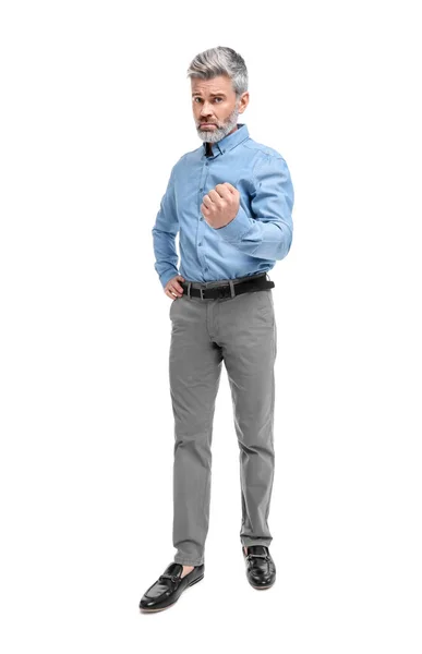 Ältere Geschäftsmann Stilvoller Kleidung Posiert Auf Weißem Hintergrund Niedrigen Blickwinkel — Stockfoto