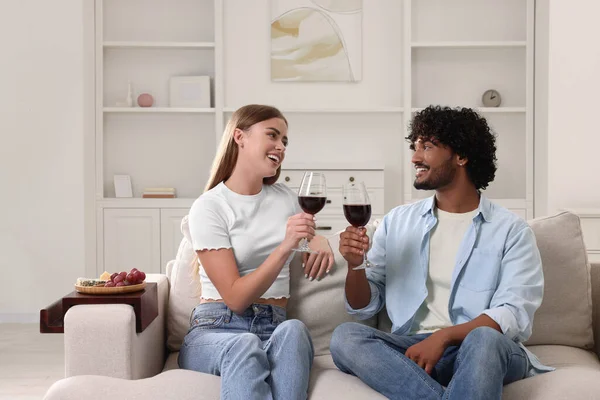Happy Couple Glasses Wine Sofa Wooden Armrest Table Home — Stock Photo, Image