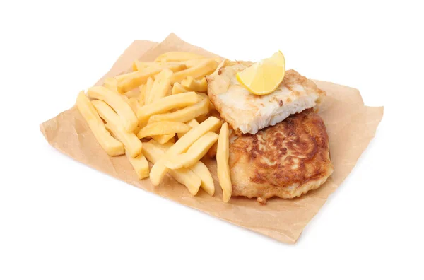 Tasty Fish Soda Water Batter Potato Chips Lemon Slice Isolated — Stock Photo, Image