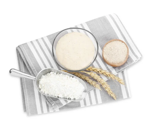 Leaven Flour Ears Wheat Isolated White Top View — Stock Photo, Image