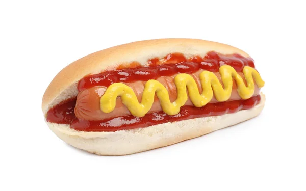 Delicioso Cachorro Quente Com Mostarda Ketchup Fundo Branco — Fotografia de Stock