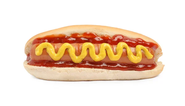 Heerlijke Hotdog Met Mosterd Ketchup Witte Achtergrond — Stockfoto