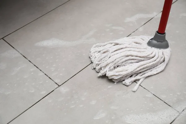 Cleaning Grey Tiled Floor String Mop Space Text — Stock Photo, Image