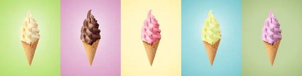 異なるおいしいソフトクリームのセットでクリスピーコーンでパステルカラーの背景 — ストック写真
