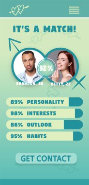 Ruh eşi eşleşmesi. Muhtemel çift ve veri fotoğraflarıyla randevu sitesi arayüzü