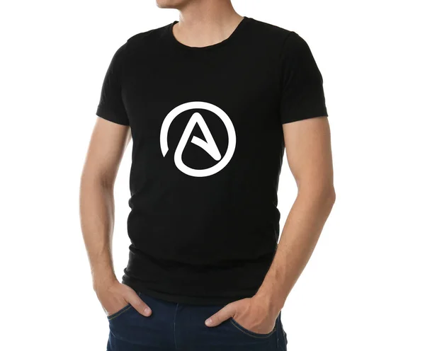 Man Svart Shirt Med Ateism Tecken Vit Bakgrund Närbild — Stockfoto