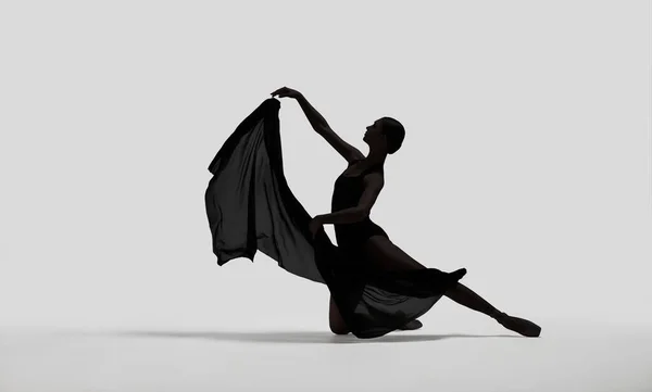 Bellissima Ballerina Con Velo Danzante Sfondo Chiaro Silhouette Scura Della — Foto Stock