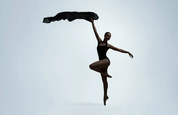 Bellissima Ballerina Con Velo Nero Che Danza Sfondo Chiaro Spazio — Foto Stock