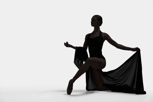 Красива Балерина Вуаллю Танцює Білому Тлі Простір Тексту Темний Силует — стокове фото